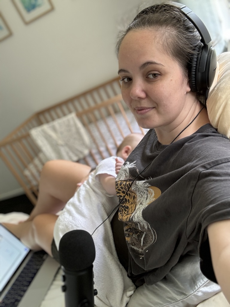 Kristyn recording a podcast in the postpartum period.